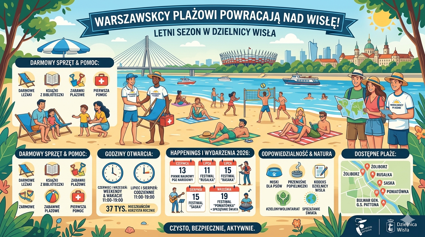 Warszawscy Plażowi wracają nad Wisłę. Rusza letni sezon w Dzielnicy Wisła