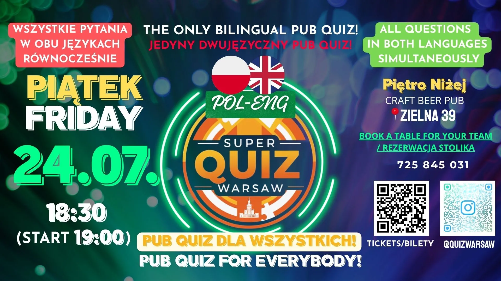 POL-ENG Super Quiz Warsaw (PUB QUIZ) | 24 lipca 2026 | Śródmieście…