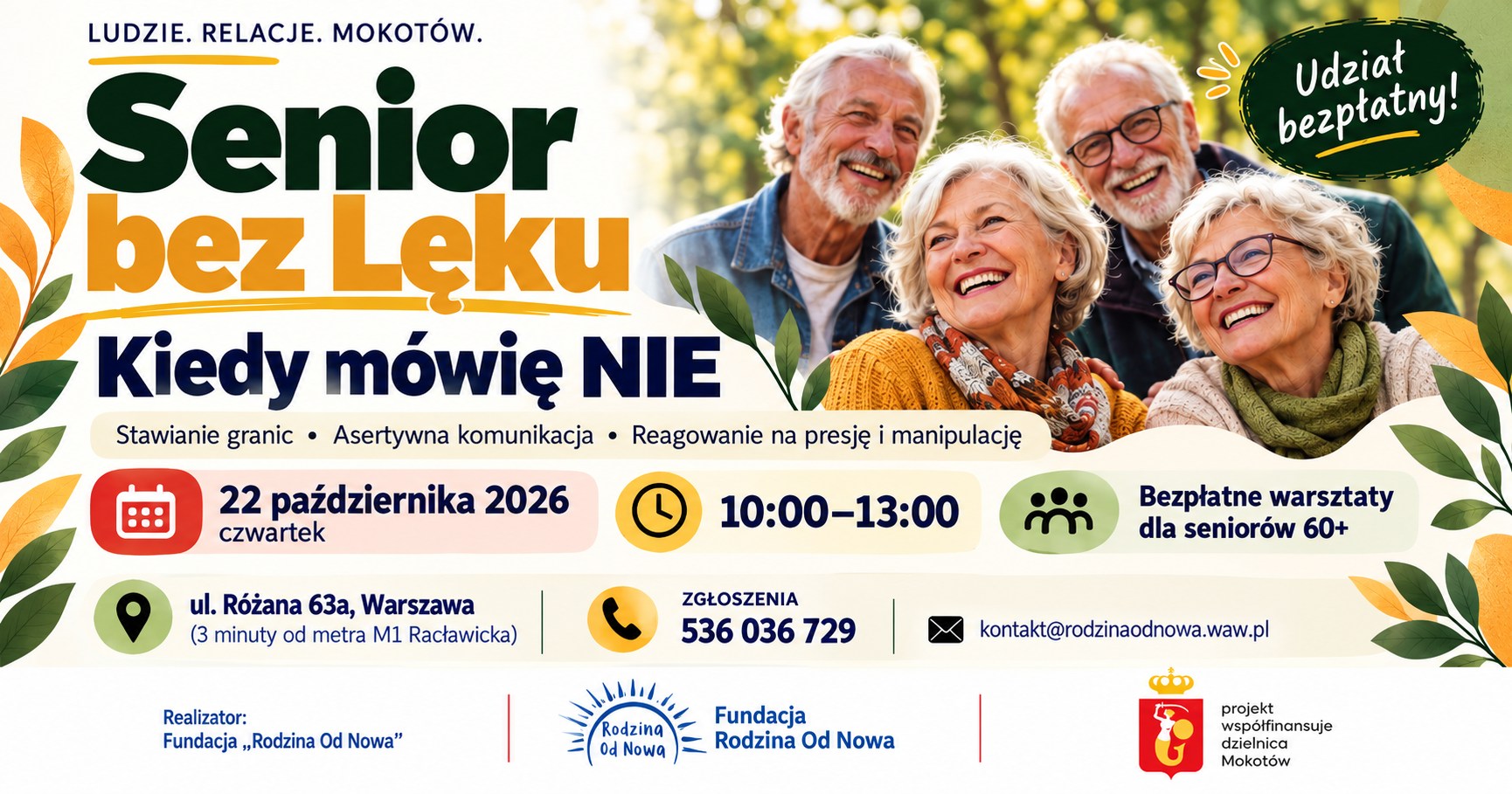 Mokotowski Senior bez Lęku: „Kiedy mówię NIE” — bezpłatne warsztaty dla osób 60+